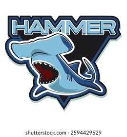 vector sport logo illustration of hammer shark head mascot on simple triangle and hammer later, vector work of hand drawn