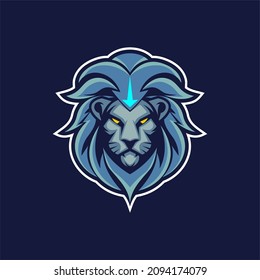 vector sport logo illustration of a lion's head mascot seen from the front in blue, on the forehead there is an arrow symbol