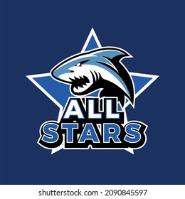 vector sport logo illustration of a shark mascot on a star background and it says all stars