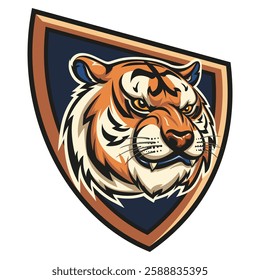 vector sport logo illustration of tiger head mascot front view on shield, vector work of hand drawn