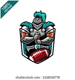 Vector sport logo, knight  illustration and football on the shield background. Logo for sport club or team. Vector illustration
