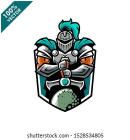 Vector sport logo, knight  illustration and golf on the shield background. Logo for sport club or team. Vector illustration