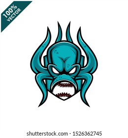 Vector sport logo, kraken octopus head illustration and baseball ball on the shield background. Logo for sport club or team. Vector illustration	