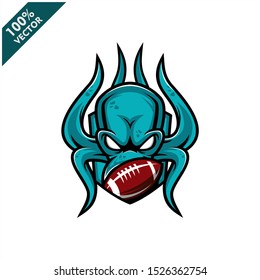 Vector sport logo, kraken octopus head illustration and football ball on the shield background. Logo for sport club or team. Vector illustration	
