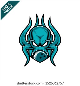 Vector sport logo, kraken octopus head illustration and bowling ball on the shield background. Logo for sport club or team. Vector illustration	
