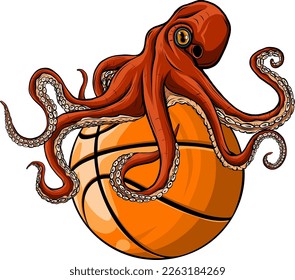 Vector sport logo, kraken octopus head illustration and basketball ball on the shield background.