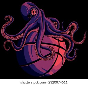 Vector sport logo, kraken octopus head illustration and basketball ball on black background