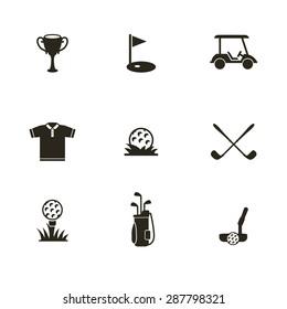 Vector sport  logo. Set golf icons. Icon with ball and other attributes of the game.  Black and white.