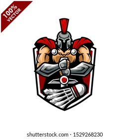 Vector sport logo, Spartan illustration and badminton on shield background. Logo for sport club or team. Vector illustration