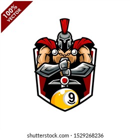 Vector sport logo, Spartan illustration and billiard ball 9 on shield background. Logo for sport club or team. Vector illustration