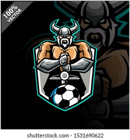 Vector sport logo, Viking illustration and football soccer on shield background. Logo for sport club or team. Vector illustration	