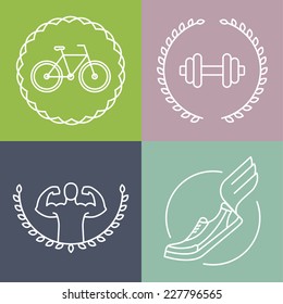 Vector sport logos in outline style - set of badges and design elements for fitness clubs 