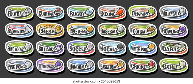 Vector Sport Logos Set, 24 simple oval tags with flying balls on curved trajectory, collection of minimal design white sports labels with game equipment, text for different kind of playing sport