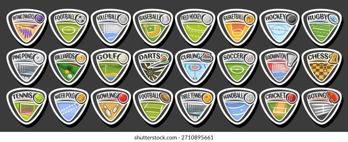 Vector Sport Logos Set, group of simple tags with flying balls on curved trajectory, collection of minimal design white sports concepts with game equipment, text for different kind of playing sport