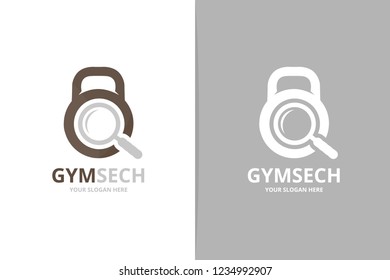 Vector sport and loupe logo combination. Gym and magnifying symbol or icon. Unique fitness and search logotype design template.