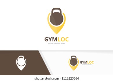 Vector sport and map pointer logo combination. Gym and gps locator symbol or icon. Unique fitness and pin logotype design template.