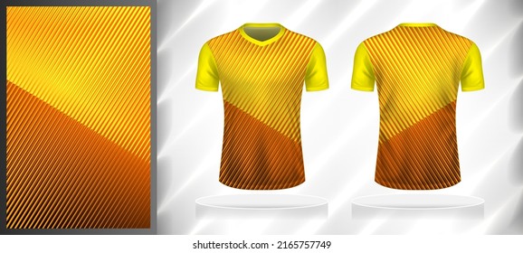 Vector sport pattern design template for T-shirt front and back view mockup. Yellow-orange-brown color gradient oblique line texture background illustration.