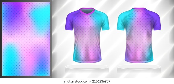 Vector sport pattern design template for T-shirt front and back view mockup. Pink-blue sky-purple color gradient grid line texture background illustration.