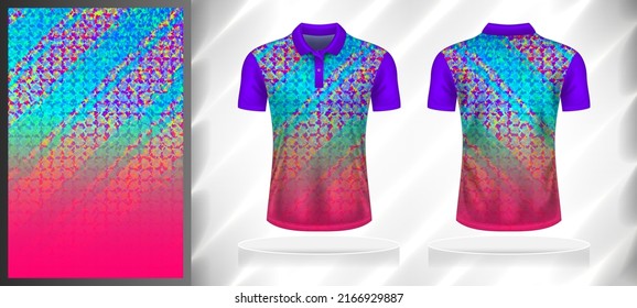 Vector sport pattern design template for Polo T-shirt front and back view mockup. Purple-blue sky-pink color gradient abstract grid plaid texture background illustration.