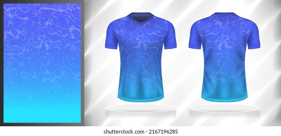 Plantilla de diseño de patrones deportivos vectoriales para el simulador de vista frontal y posterior de camisetas. Ilustración de fondo de la línea de la curva de mármol de color azul-cielo.