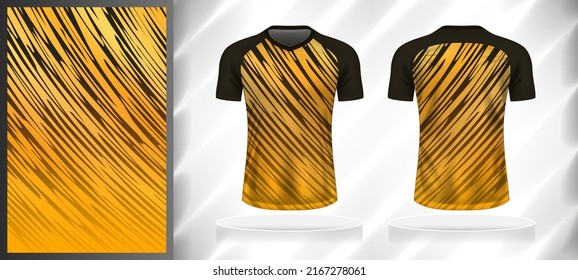 Plantilla de diseño de patrones deportivos vectoriales para el simulador de vista frontal y posterior de camisetas. Tonos oscuros y claros de la ilustración de fondo de la línea de la curva de gradiente de color negro-marrón-naranja-amarillo.