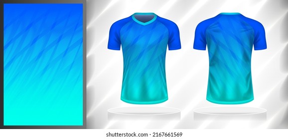 Vector sport pattern design template for T-shirt front and back view mockup. Shades of blue-sky color gradient geometric oblique line texture background illustration.