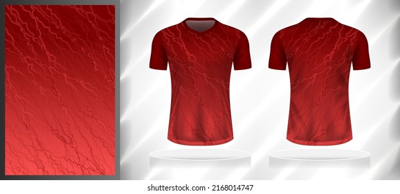 Vector sport pattern design template for T-shirt front and back view mockup. Dark and light shades of red color gradient geometric line texture background illustration.
