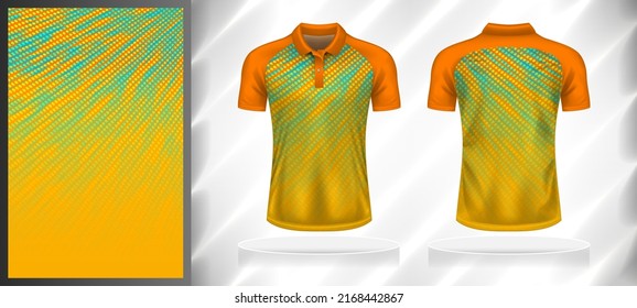 Vector sport pattern design template for Polo T-shirt front and back view mockup. Orange-yellow-blue color gradient oblique halftone texture background illustration.