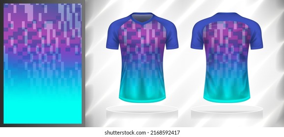 Vector sport pattern design template for T-shirt front and back view mockup. Dark and light shades of blue-purple color gradient geometric square texture background illustration.