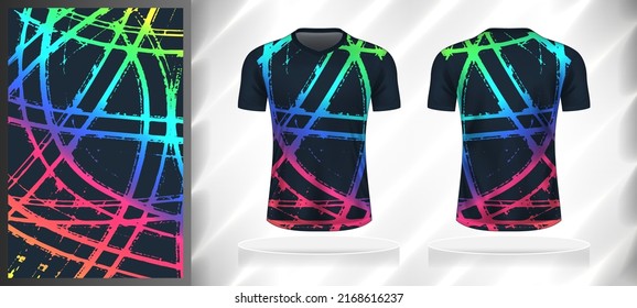 Plantilla de diseño de patrones deportivos vectoriales para el simulador de vista frontal y posterior de camisetas. Tonos grises-azules y claros de gradiente de color azul-verde-rosa de la textura de fondo de la línea de grifo abstracta.