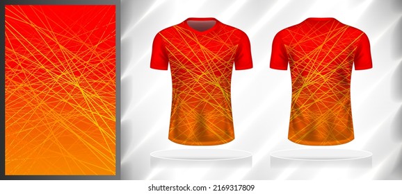 Vector sport pattern design template for T-shirt front and back view mockup. Orange-red-yellow color gradient geometric dot line texture background illustration.
