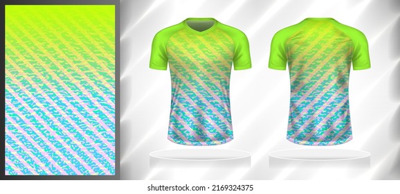 Vector sport pattern design template for T-shirt front and back view mockup. Light green-blue-pink color gradient abstract rough grunge line texture background illustration.