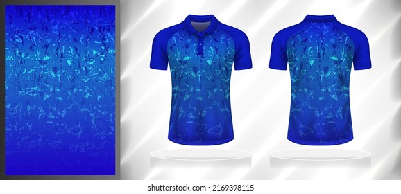 Vector sport pattern design template for Polo T-shirt front and back view mockup. Dark and light shades of blue color gradient abstract geometric texture background illustration.