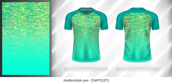 Vector sport pattern design template for T-shirt front and back view mockup. Green-pink-yellow color gradient abstract grunge texture background illustration.