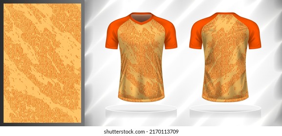 Vector sport pattern design template for T-shirt front and back view mockup. Dark and light shades of orange color abstract texture background illustration.