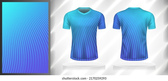 Plantilla de diseño de patrones deportivos vectoriales para el simulador de vista frontal y posterior de camisetas. Tonos oscuros y claros de la ilustración de fondo de la línea de la curva de color azul.