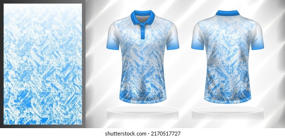 Vectorsport-Muster-Design-Vorlage für Polo T-Shirt vorne und hinten mit Kurzarm-View-Modell nach oben. Abstrakte farbige, blau-weiße Grunge-Texturhintergrund-Illustration mit abstraktem Farbverlauf.