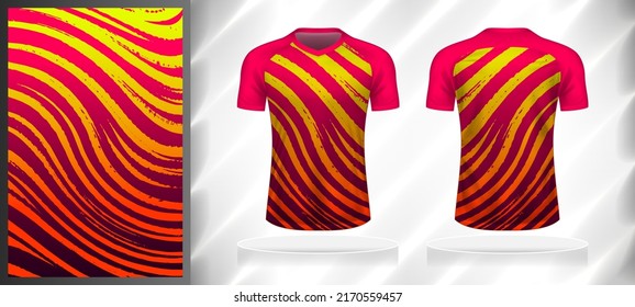 Vector sport pattern design template for V-neck T-shirt front and back with short sleeve view mockup. Pink-yellow-orange color gradient abstract grunge curve line texture background illustration.