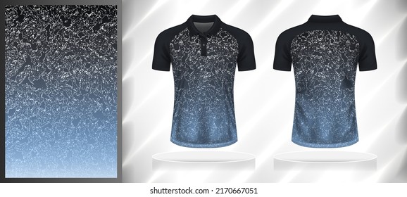 Vector sport pattern design template for Polo T-shirt front and back with short sleeve view mockup. Black-gray-blue-white color gradient abstract grunge texture background illustration.