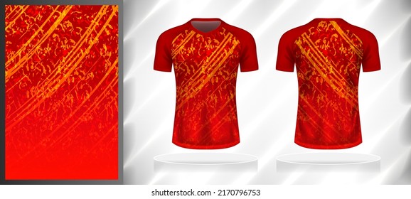 Vector sport pattern design template for V-neck T-shirt front and back with short sleeve view mockup. Red-orange-yellow color gradient abstract texture background illustration.