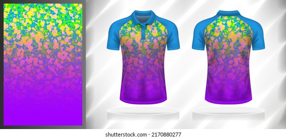 Vector sport pattern design template for Polo T-shirt front and back with short sleeve view mockup. Blue-purple-pink-yellow color gradient abstract grunge texture background illustration.