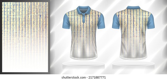 Vector sport pattern design template for Polo T-shirt front and back short sleeve view mockup. Blue-white-yellow-brown color gradient abstract grunge vertical line texture background illustration.