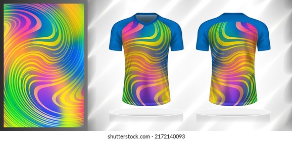 Vector sport pattern design template for V-neck T-shirt front and back with short sleeve view mockup. Rainbow-blue-pink-yellow-green-purple color gradient curve line texture background illustration.