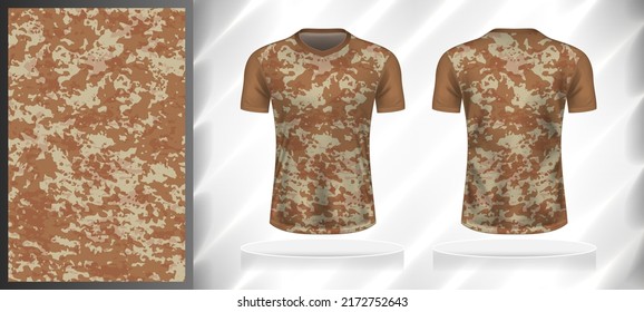 Vector sport pattern design template for V-neck T-shirt front and back with short sleeve view mockup. Dark and light shades of brown color abstract camouflage texture background illustration.