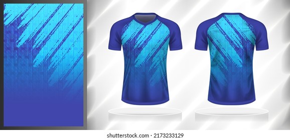 Vector sport pattern design template for V-neck T-shirt front and back with short sleeve view mockup. Dark and light shades of blue color gradient digital grunge texture background illustration.