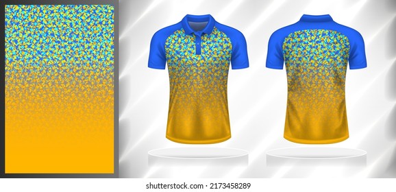 Vector sport pattern design template for Polo T-shirt front and back with short sleeve view mockup. Shades of blue-yellow color gradient abstract texture background illustration.