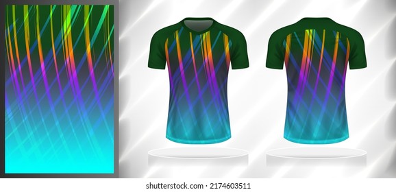 Vector sport pattern design template for V-neck T-shirt front and back with short sleeve view mockup. Green-blue-pink-orange color gradient oblique curve line texture background illustration.