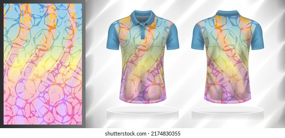 Vector sport pattern design template for Polo T-shirt front and back with short sleeve view mockup. Pastel-blue-yellow-pink color gradient abstract grunge texture background illustration.