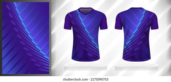 Vector sport pattern design template for V-neck T-shirt front and back with short sleeve view mockup. Purple-blue color gradient oblique curve line texture background illustration.