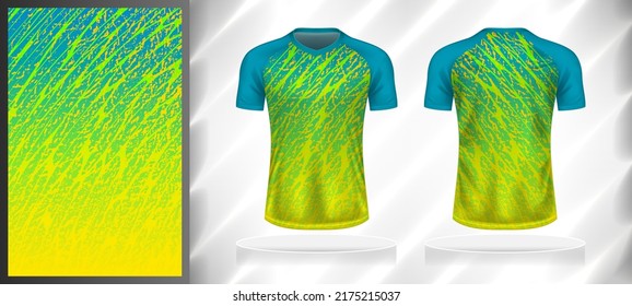 Vector sport pattern design template for V-neck T-shirt front and back with short sleeve view mockup. Blue-yellow-green color gradient abstract grunge line texture background illustration.